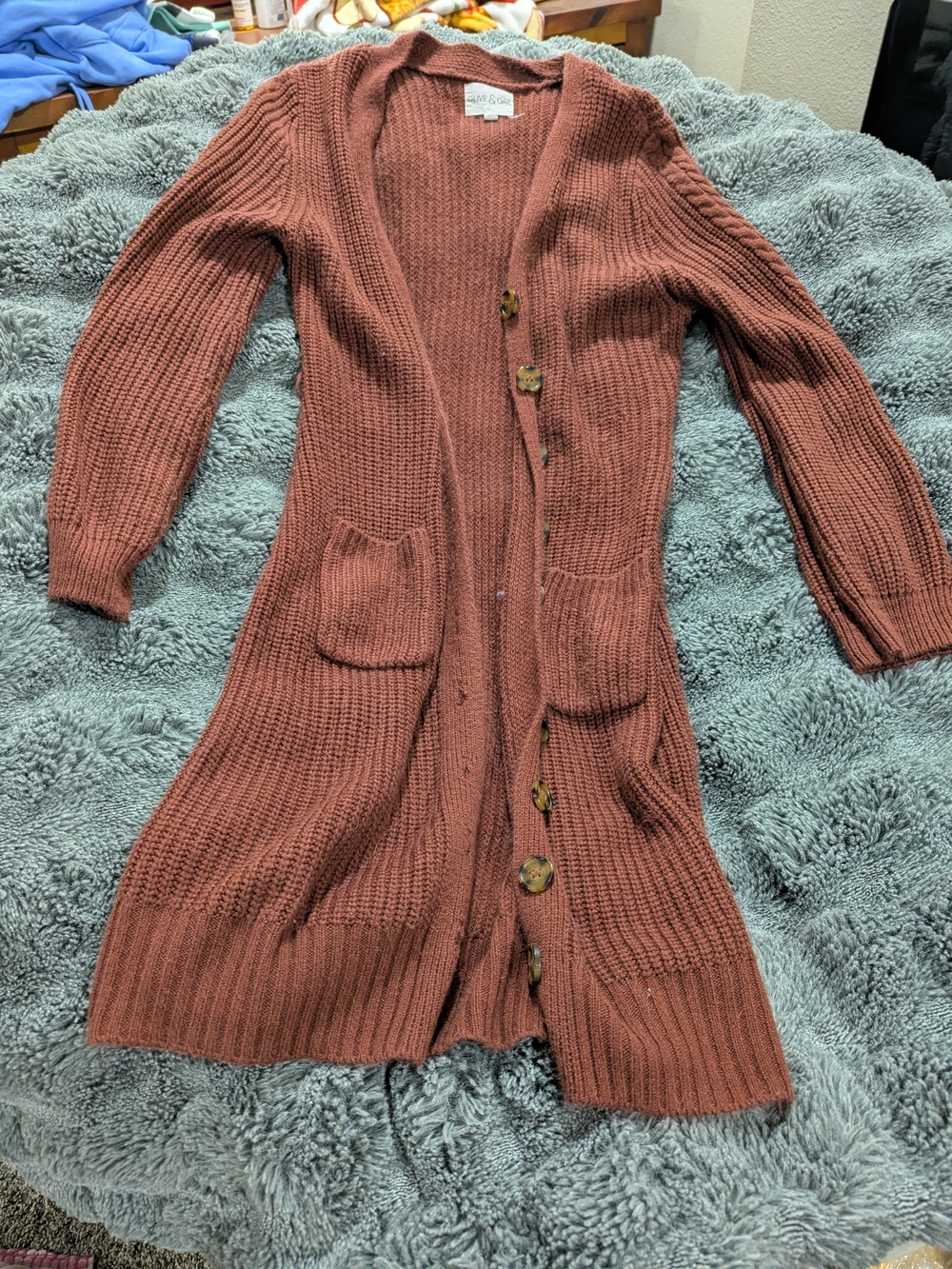 Long Ribbed Button-Front Women's Cardigan Sweater - Rust Olive And Oak Size M